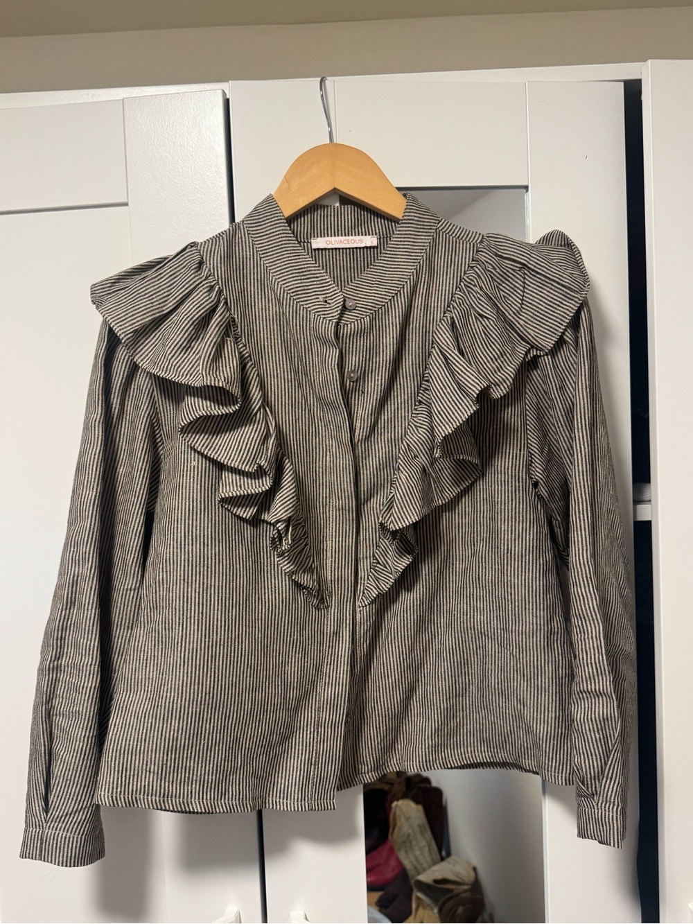 Olivaceous Black & White Pinstripe Ruffle Shirt Jacket